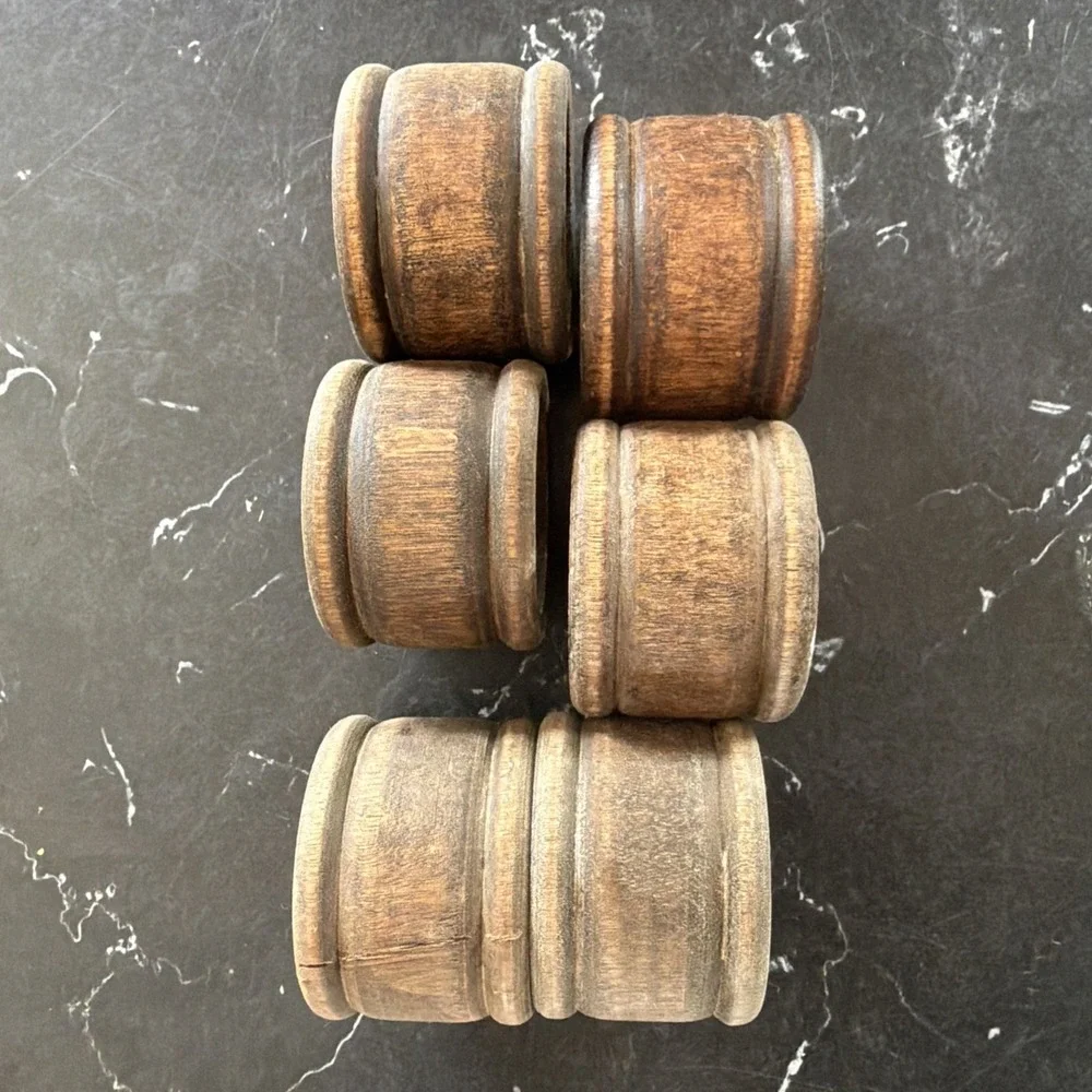 Vintage Rustic Wooden Napkin Rings Walnut Stained, Colonial, MCM Style Set of 6